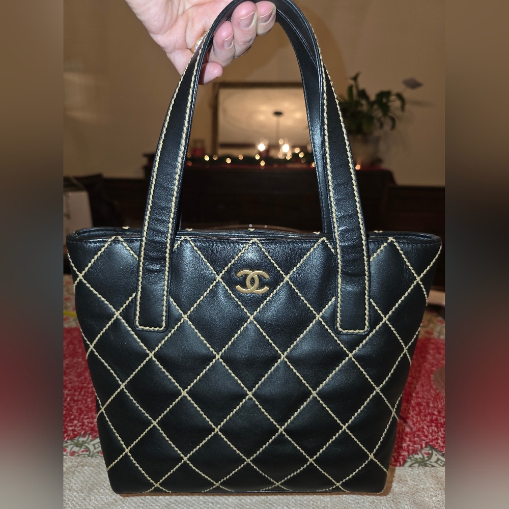 Authentic Pre-loved CHANEL Black and Gold Wild Stitch Quilted Tote